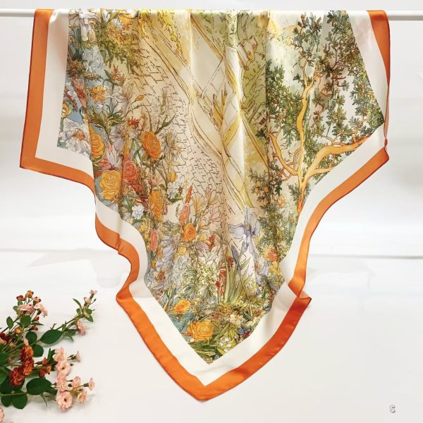 [ French Monet Garden Landscape ] 100% Real Silk Crepe Satin 90x90cm – Heavyweight 55g (with Pack) Square Scarf Wholesale