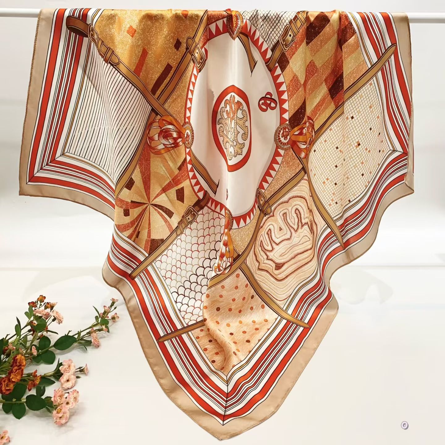 [ Vintage Equestrian Harness Patchwork ] 100% Real Silk Crepe Satin 90x90cm – Heavyweight 55g (with Pack) Square Scarf Wholesale