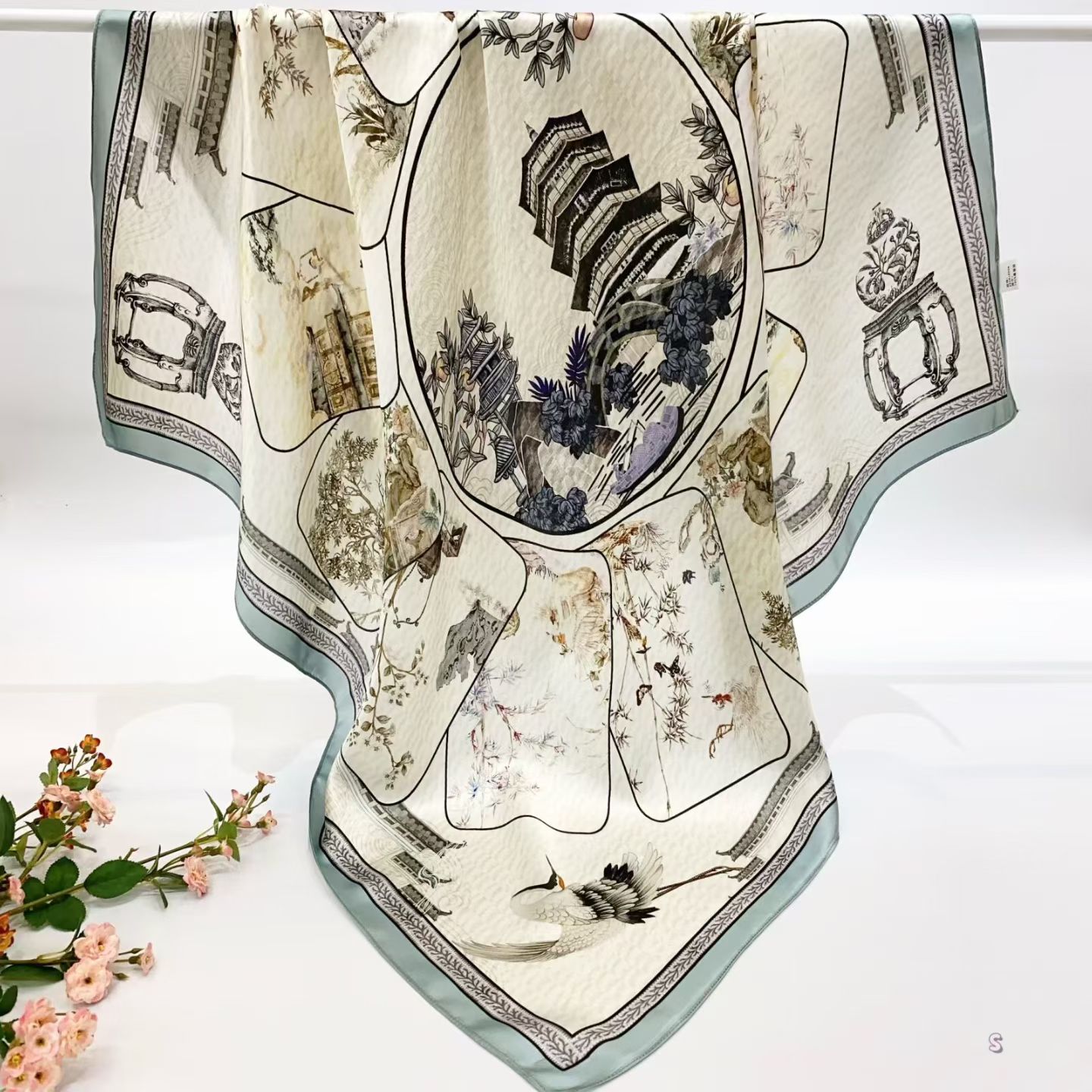 [ Vintage Chinoiserie Pagoda & Crane ] 100% Real Silk Crepe Satin 90x90cm – Heavyweight 55g (with Pack) Square Scarf Wholesale