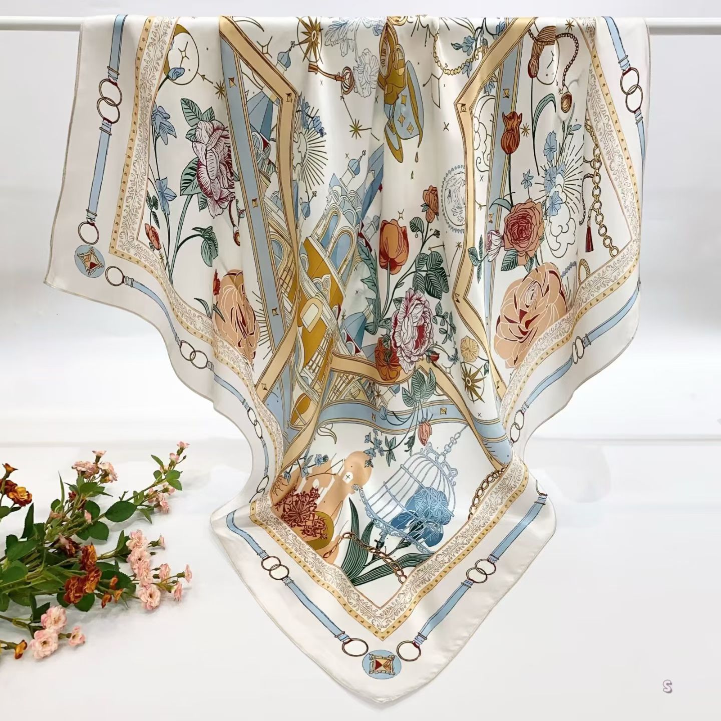 [ Mystical Celestial Castle Garden ] 100% Real Silk Crepe Satin 90x90cm – Heavyweight 55g (with Pack) Square Scarf Wholesale
