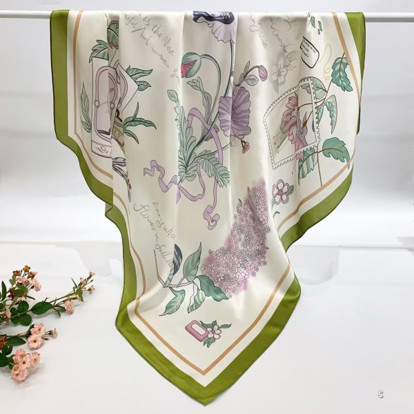 [ French Vintage Perfume & Botanicals ] 100% Real Silk Crepe Satin 90x90cm – Heavyweight 55g (with Pack) Square Scarf Wholesale