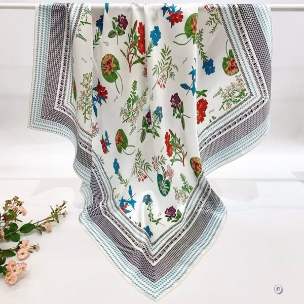 [ French Botanical Specimen Index ] 100% Real Silk Crepe Satin 90x90cm – Heavyweight 55g (with Pack) Square Scarf Wholesale