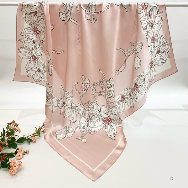 [ Minimalist French Floral Line Art ] 100% Real Silk Crepe Satin 90x90cm – Heavyweight 55g (with Pack) Square Scarf Wholesale