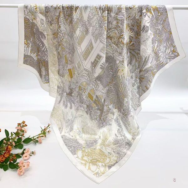 [ French Vintage Tropical Glasshouse ] 100% Real Silk Crepe Satin 90x90cm – Heavyweight 55g (with Pack) Square Scarf Wholesale