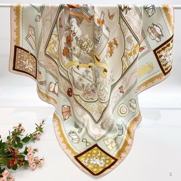 [ French Boudoir Vanity & Puppy ] 100% Real Silk Crepe Satin 90x90cm – Heavyweight 55g (with Pack) Square Scarf Wholesale