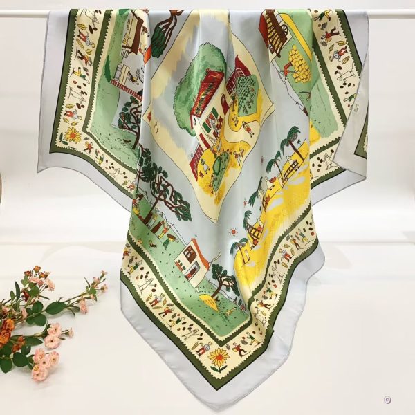 [ French Countryside Farm & Beach ] 100% Real Silk Crepe Satin 90x90cm – Heavyweight 55g (with Pack) Square Scarf Wholesale