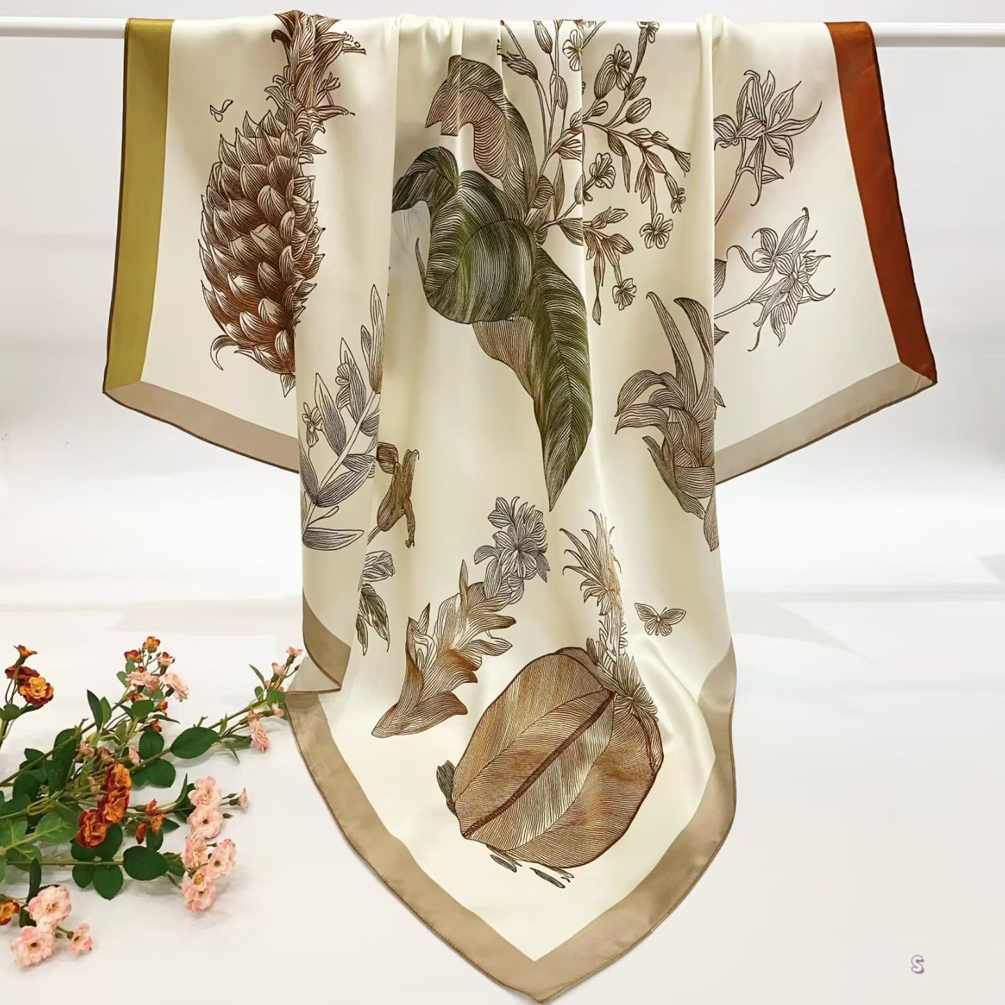 [ French Vintage Tropical Banana Leaf ] 100% Real Silk Crepe Satin 90x90cm – Heavyweight 55g (with Pack) Square Scarf Wholesale
