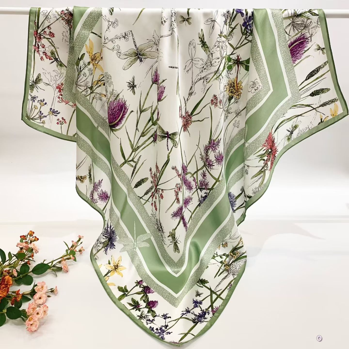 [ French Vernal Meadow & Dragonfly ] 100% Real Silk Crepe Satin 90x90cm – Heavyweight 55g (with Pack) Square Scarf Wholesale