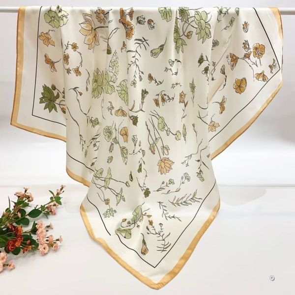 [ French Vintage Wild Herbarium ] 100% Real Silk Crepe Satin 90x90cm – Heavyweight 55g (with Pack) Square Scarf Wholesale