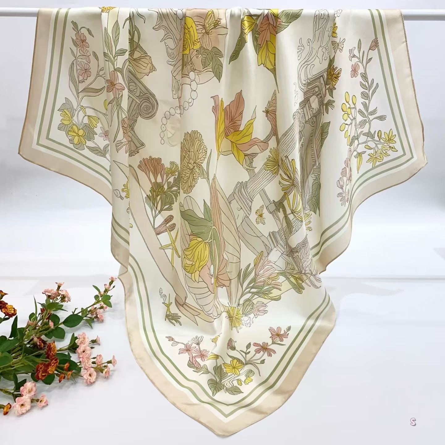 [ French Antique Columns & Pearl Chains ] 100% Real Silk Crepe Satin 90x90cm – Heavyweight 55g (with Pack) Square Scarf Wholesale