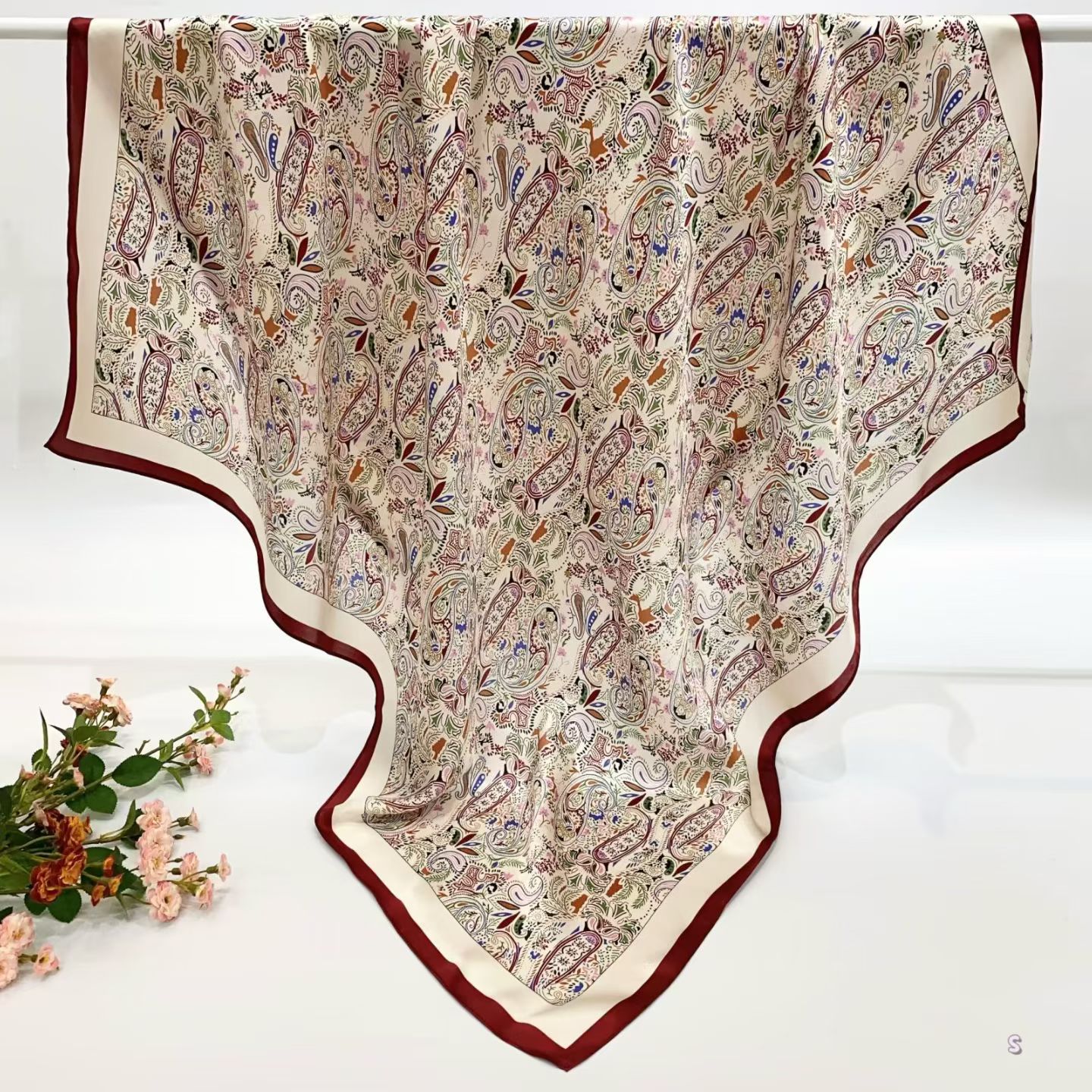 [ Classic Luxury Burgundy Paisley ] 100% Real Silk Silk Crepe Satin 90x90cm – Heavyweight 55g (with Pack) Square Scarf Wholesale