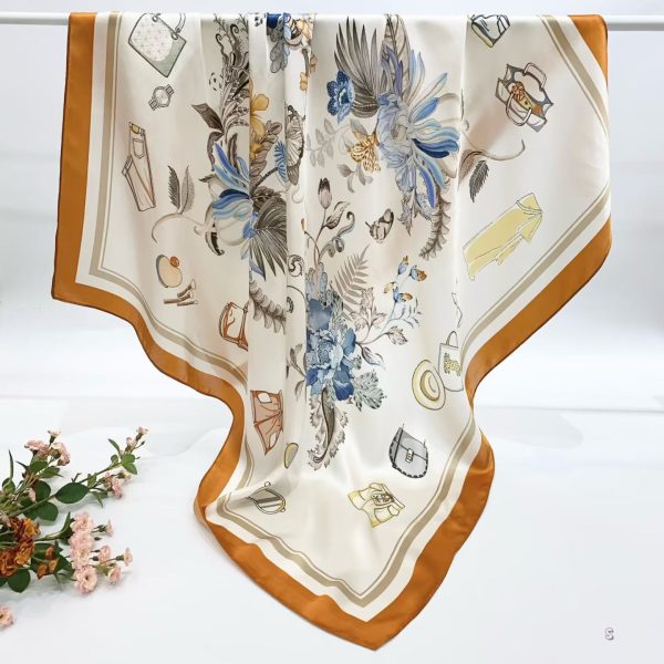 [ Modernist Luxury Handbags & Blue Peony ] 100% Real Silk Crepe Satin 90x90cm – Heavyweight 55g (with Pack) Square Scarf Wholesale