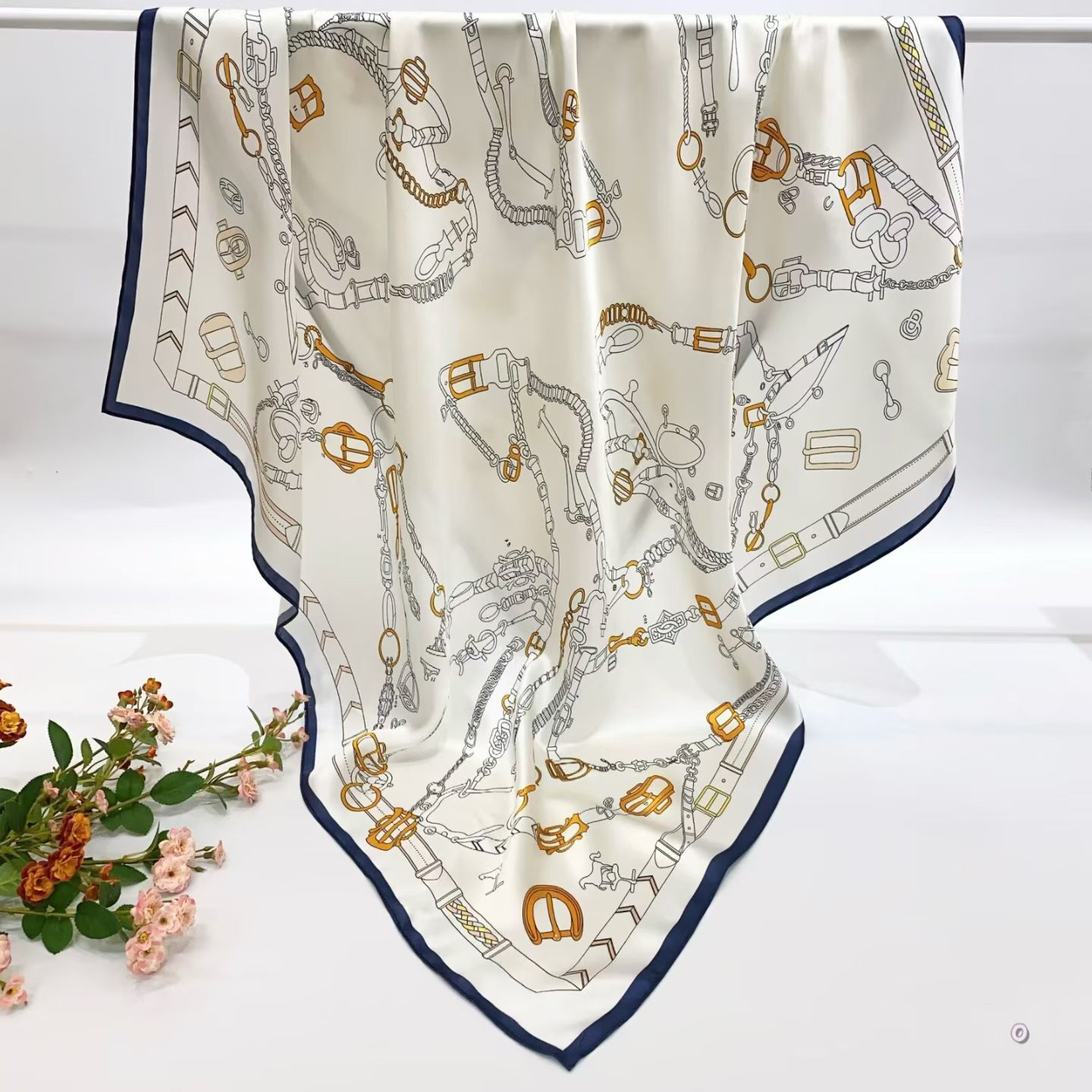 [ Classic Luxury Equestrian Harness ] 100% Real Silk Crepe Satin 90x90cm – Heavyweight 55g (with Pack) Square Scarf Wholesale
