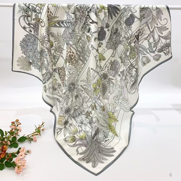 [ Modernist Tropical Oasis & Wildlife ] 100% Real Silk Crepe Satin 90x90cm – Heavyweight 55g (with Pack) Square Scarf Wholesale