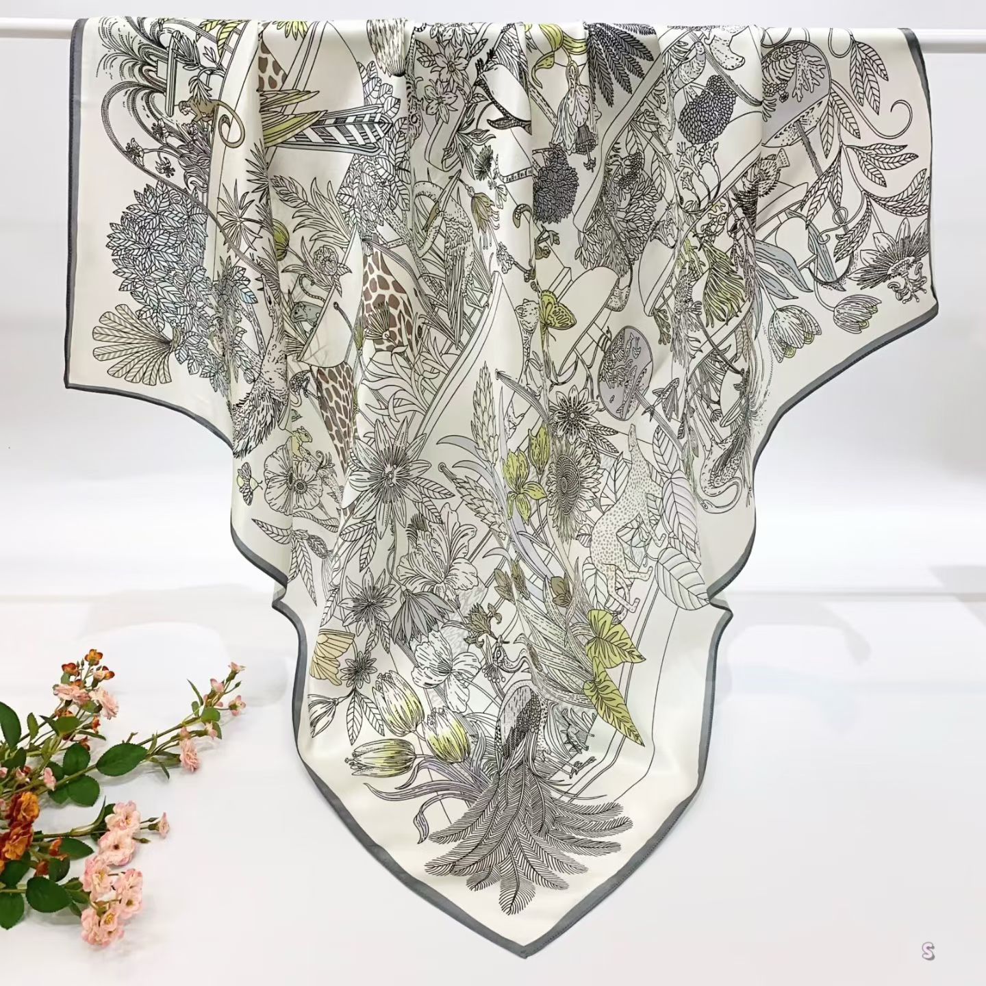 [ Modernist Tropical Oasis & Wildlife ] 100% Real Silk Crepe Satin 90x90cm – Heavyweight 55g (with Pack) Square Scarf Wholesale