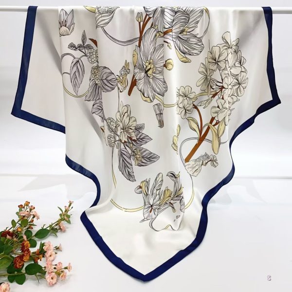 [ Minimalist French Botanical Art ] 100% Real Silk Crepe Satin 90x90cm – Heavyweight 55g (with Pack) Square Scarf Wholesale
