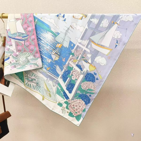 [ Nautical Hydrangea Sailing ] 100% Real Silk Twill 90x90cm - 77g (with Pack) Square Scarf Wholesale