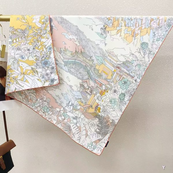 [ Oriental Palace Landscape ] 100% Real Silk Twill 90x90cm - 77g (with Pack) Square Scarf Wholesale