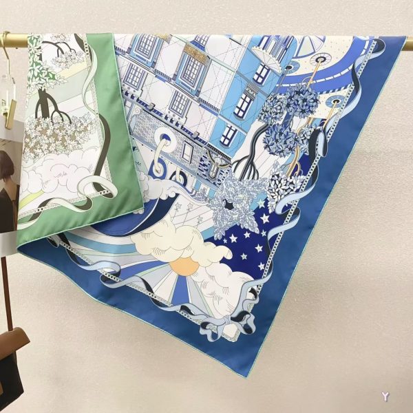 [ Parisian Blue Facade ] 100% Real Silk Twill 90x90cm - 77g (with Pack) Square Scarf Wholesale