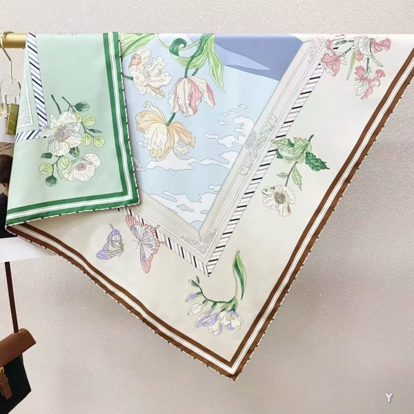 [ Spring Tulip Garden ] 100% Real Silk Twill 90x90cm - 77g (with Pack) Square Scarf Wholesale